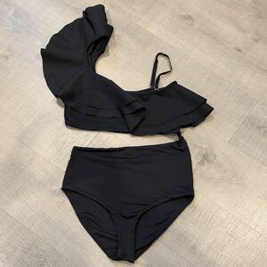 Boamar From Anthropologie Black Ruffled One-Shoulder Swimsuit - high waist